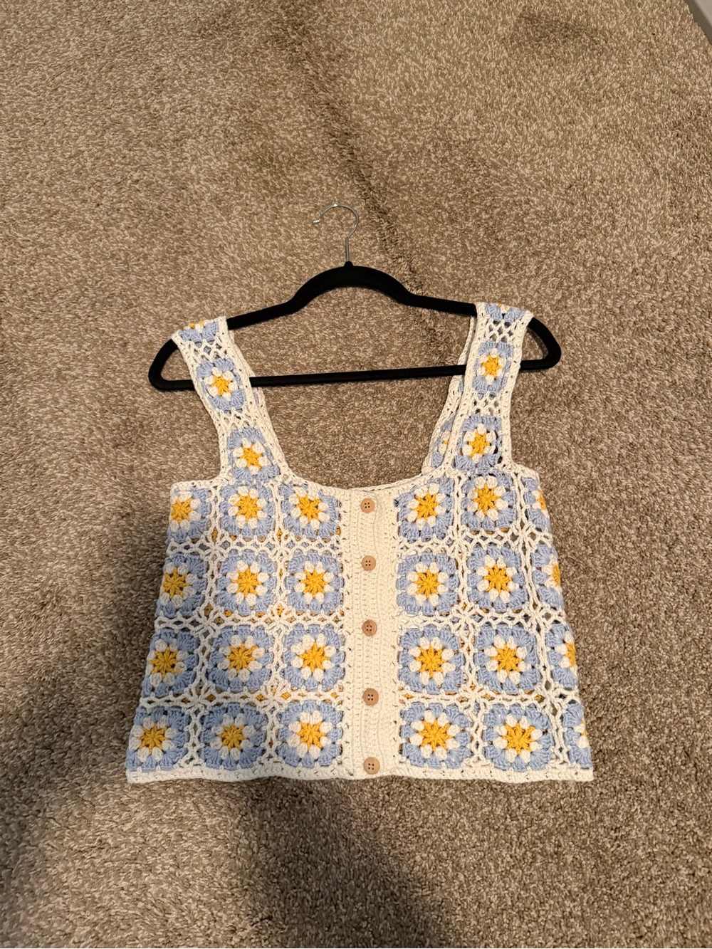 Cotton Emporium Crochet Floral Square Tank in Blue, Yellow & Cream